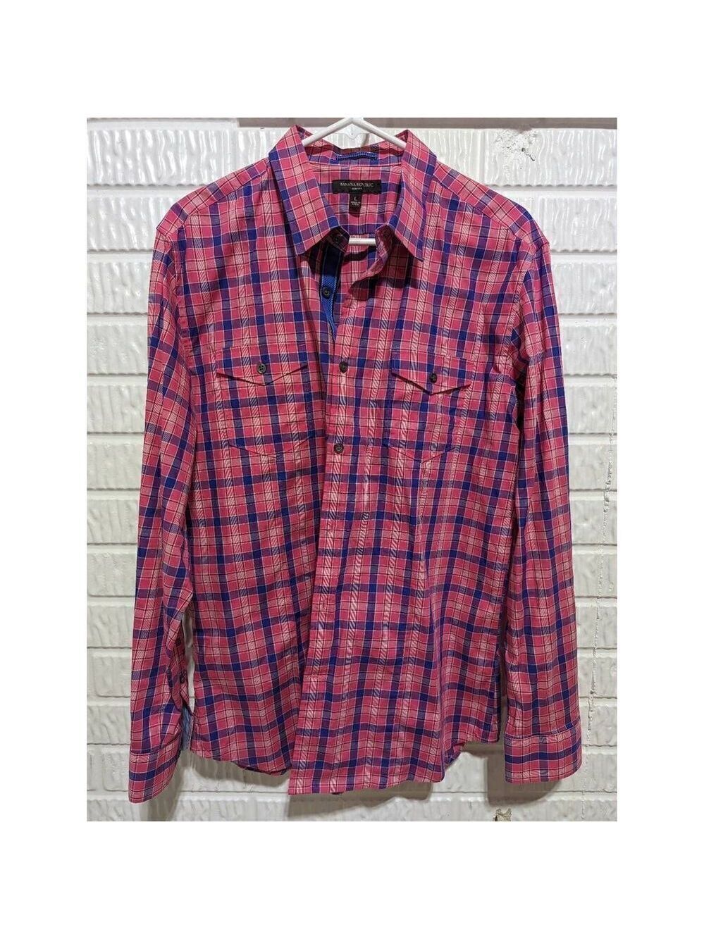 Banana Republic Men's Cotton Hot Pink Blue Plaid Button Up Shirt Size Large